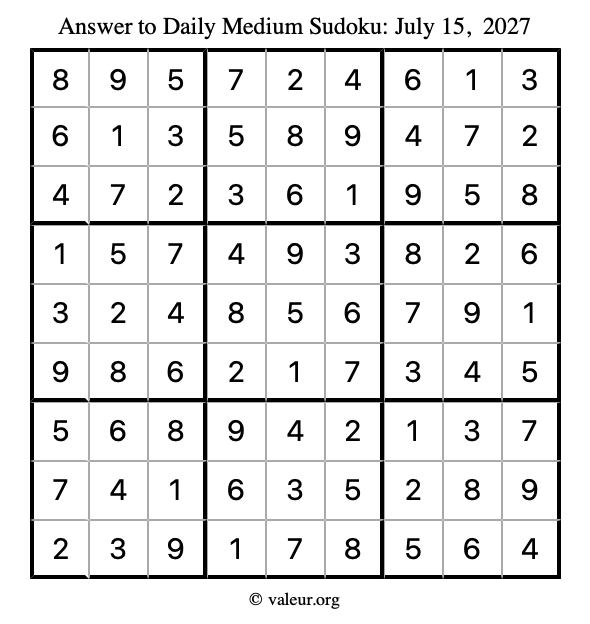 Answer to medium sudoku July 15, 2027