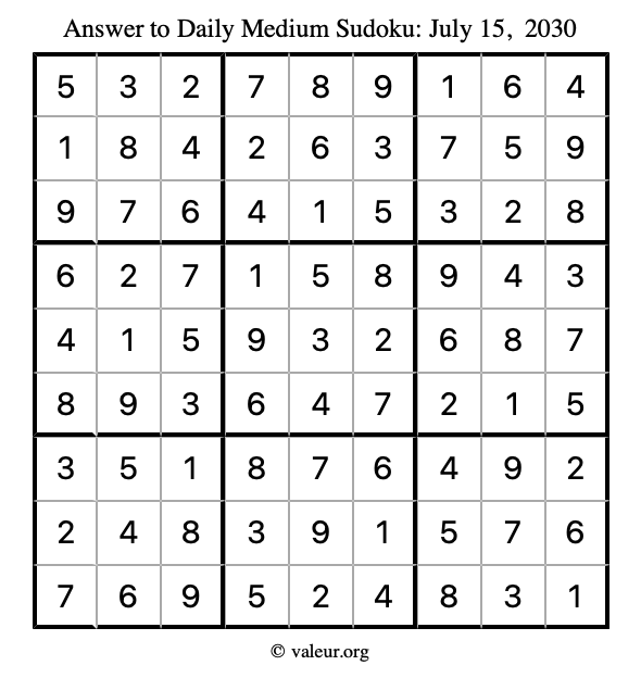Answer to medium sudoku July 15, 2030