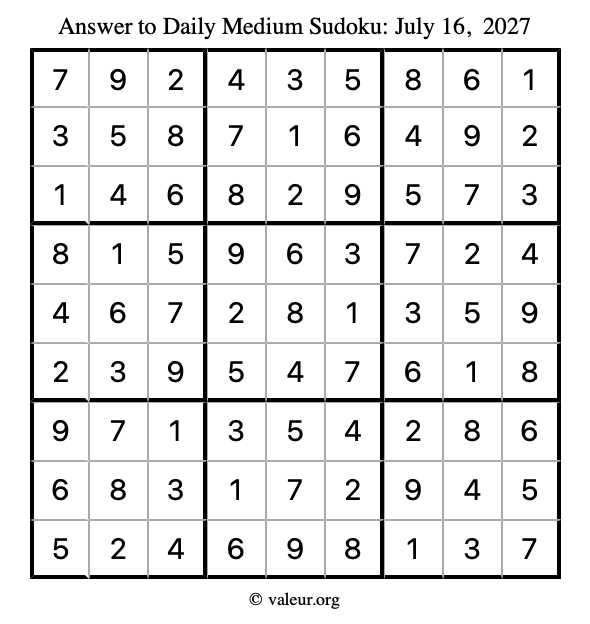 Answer to medium sudoku July 16, 2027