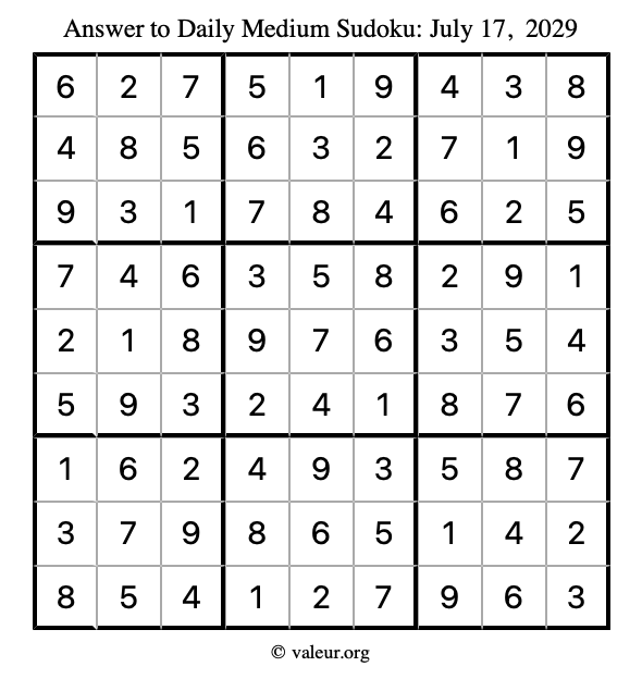 Answer to medium sudoku July 17, 2029