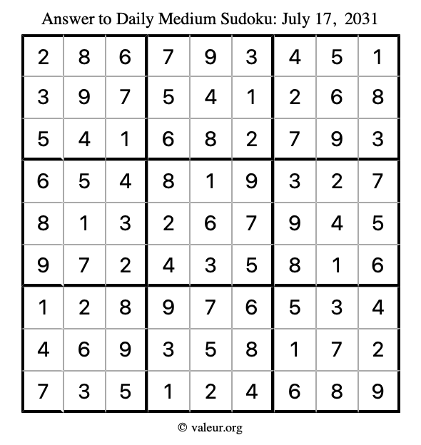 Answer to medium sudoku July 17, 2031
