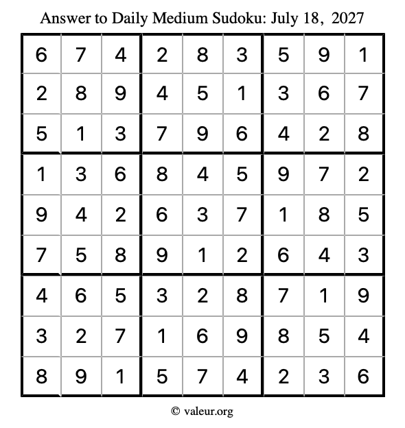 Answer to medium sudoku July 18, 2027