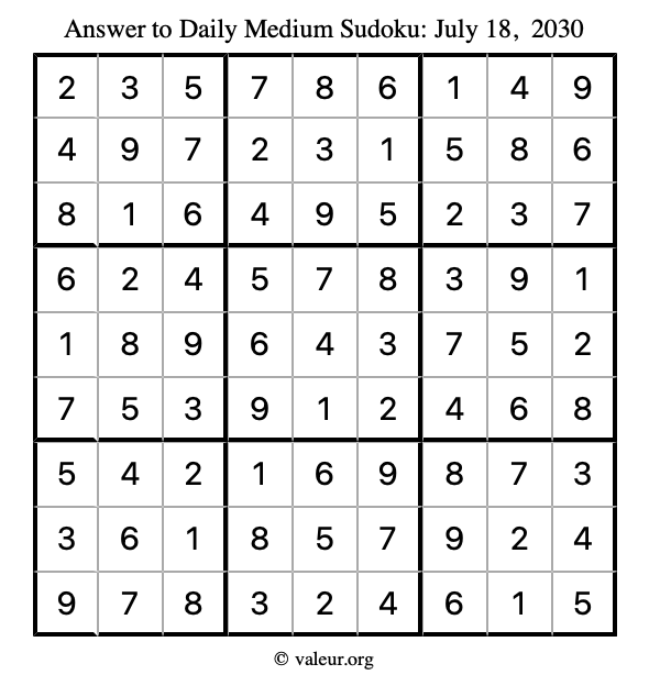 Answer to medium sudoku July 18, 2030
