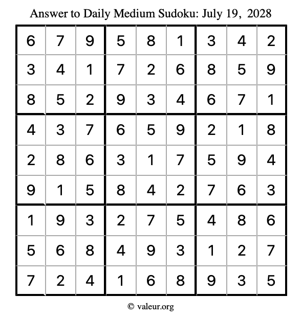 Answer to medium sudoku July 19, 2028