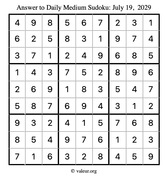 Answer to medium sudoku July 19, 2029