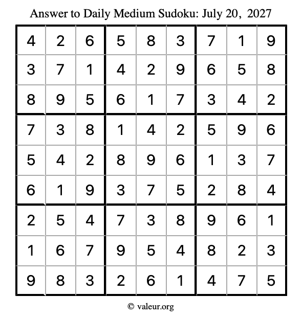 Answer to medium sudoku July 20, 2027