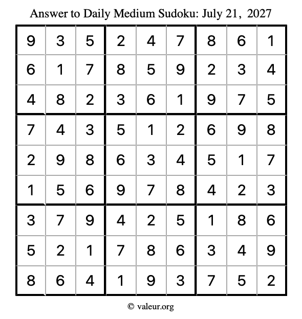 Answer to medium sudoku July 21, 2027