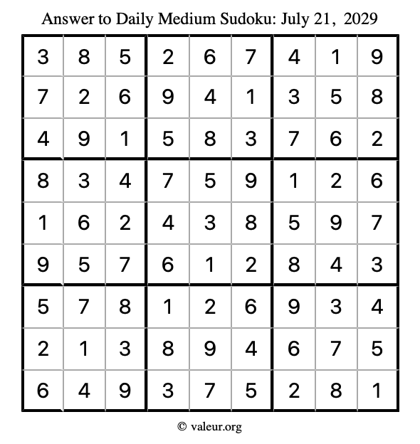Answer to medium sudoku July 21, 2029