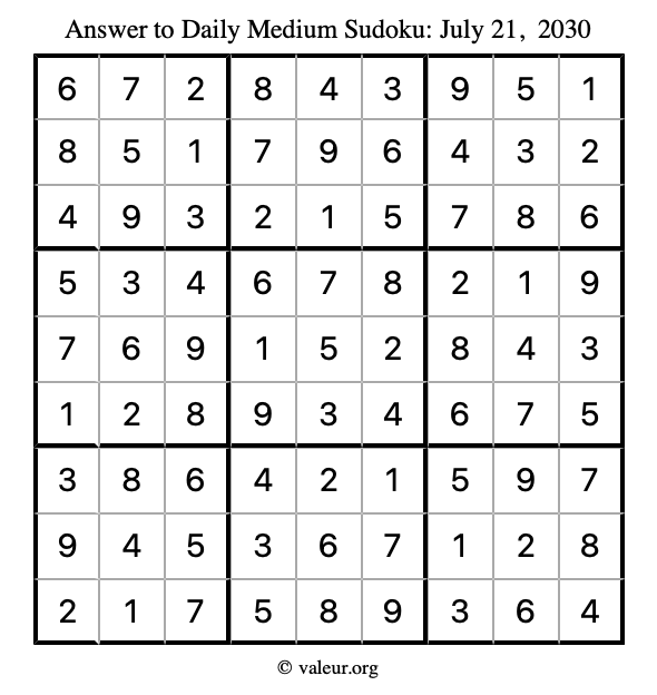 Answer to medium sudoku July 21, 2030