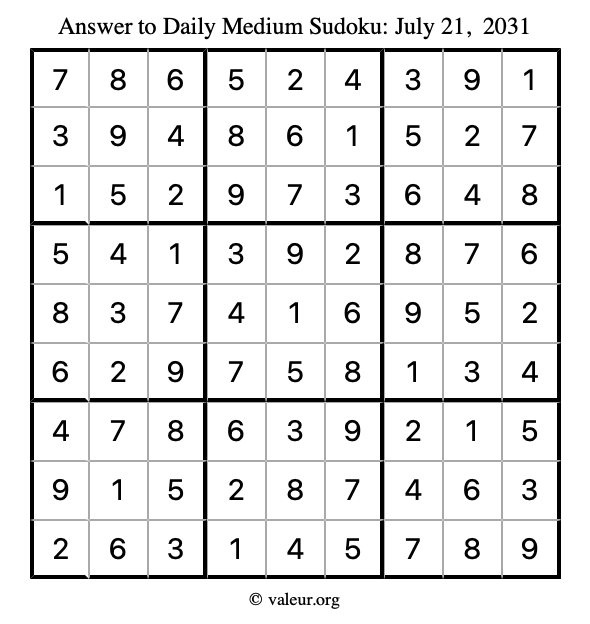 Answer to medium sudoku July 21, 2031