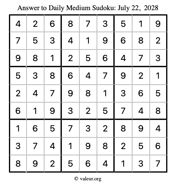 Answer to medium sudoku July 22, 2028