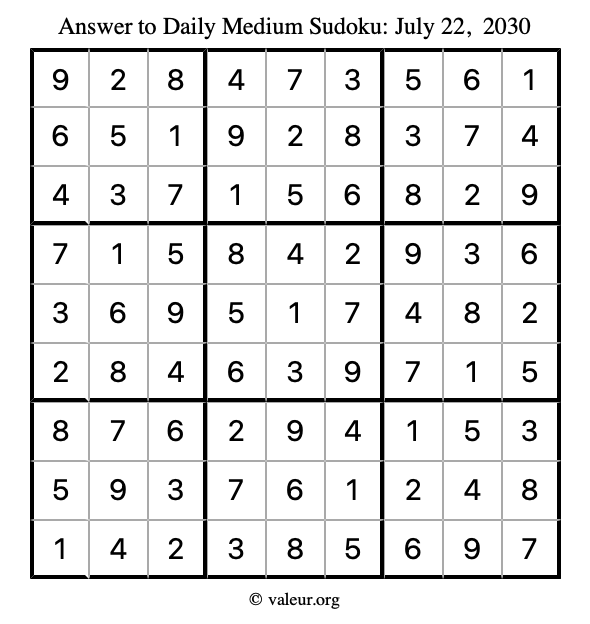Answer to medium sudoku July 22, 2030