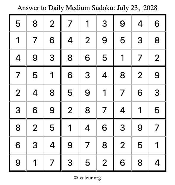 Answer to medium sudoku July 23, 2028