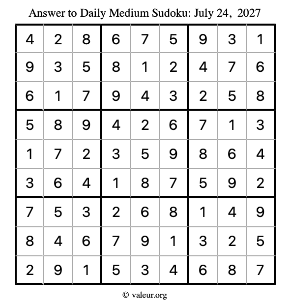 Answer to medium sudoku July 24, 2027