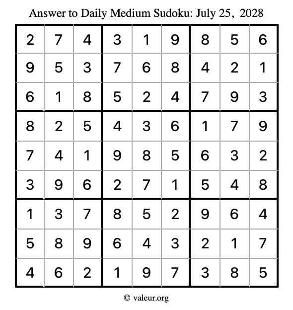 Answer to medium sudoku July 25, 2028
