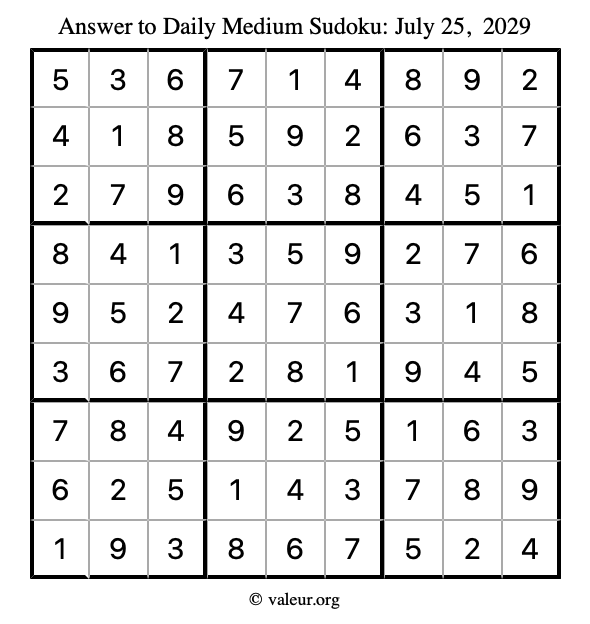 Answer to medium sudoku July 25, 2029
