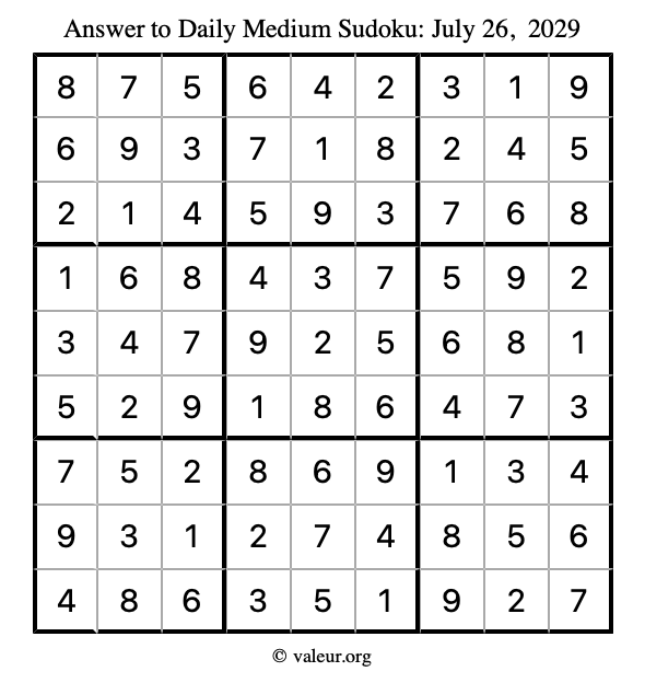 Answer to medium sudoku July 26, 2029