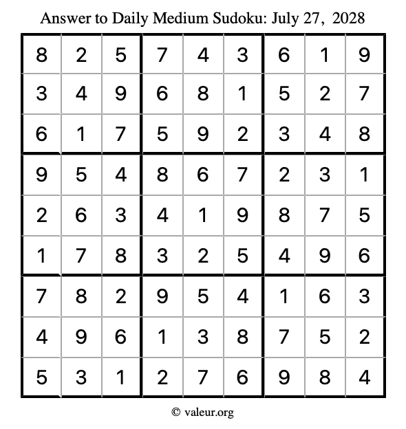 Answer to medium sudoku July 27, 2028