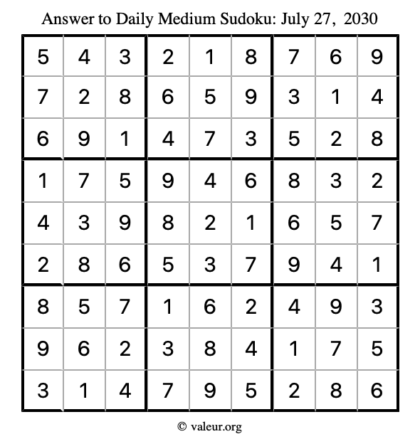 Answer to medium sudoku July 27, 2030