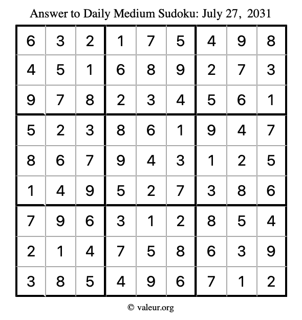 Answer to medium sudoku July 27, 2031