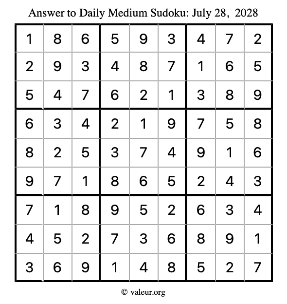 Answer to medium sudoku July 28, 2028