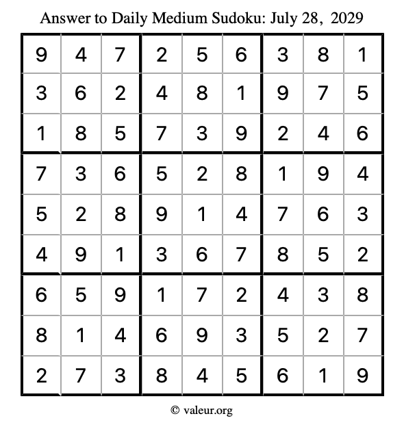 Answer to medium sudoku July 28, 2029