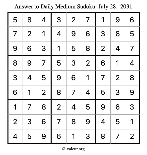 Answer to medium sudoku July 28, 2031