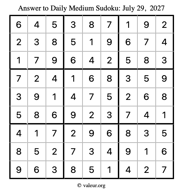 Answer to medium sudoku July 29, 2027