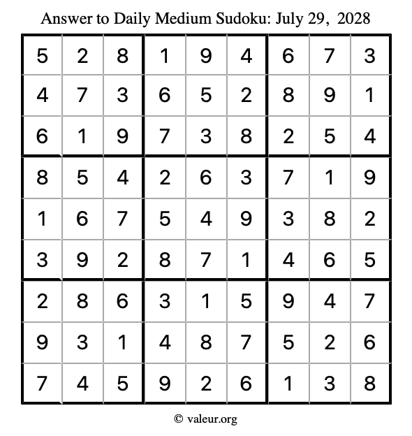 Answer to medium sudoku July 29, 2028