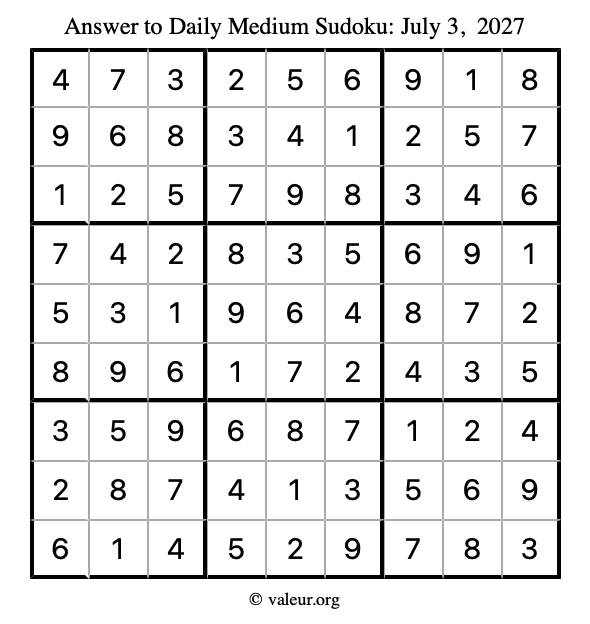 Answer to medium sudoku July 3, 2027