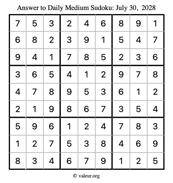 Answer to medium sudoku July 30, 2028