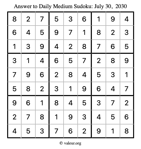 Answer to medium sudoku July 30, 2030