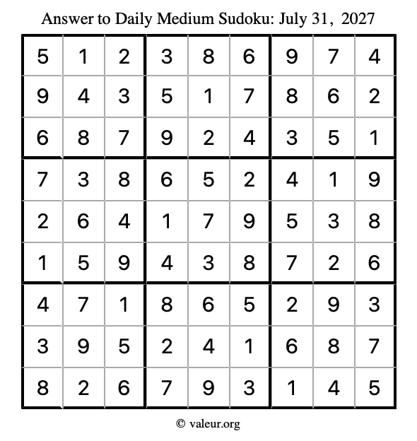 Answer to medium sudoku July 31, 2027
