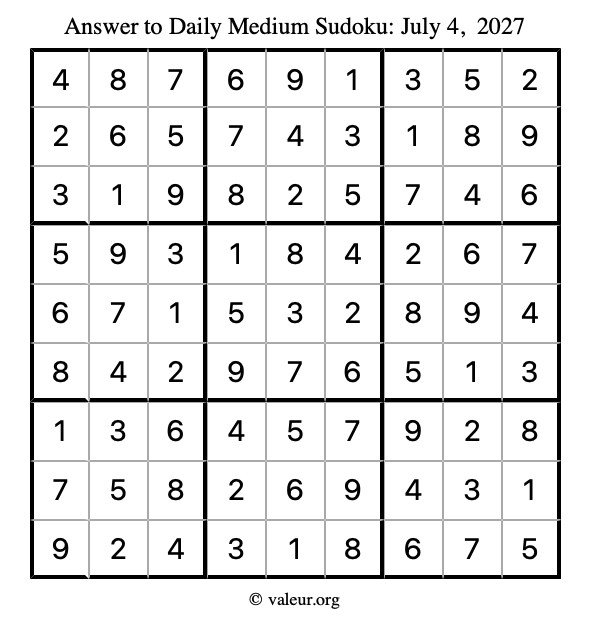 Answer to medium sudoku July 4, 2027