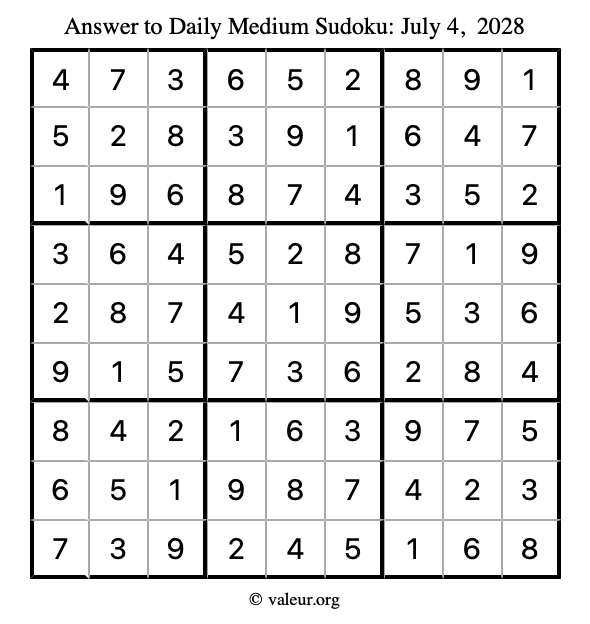 Answer to medium sudoku July 4, 2028