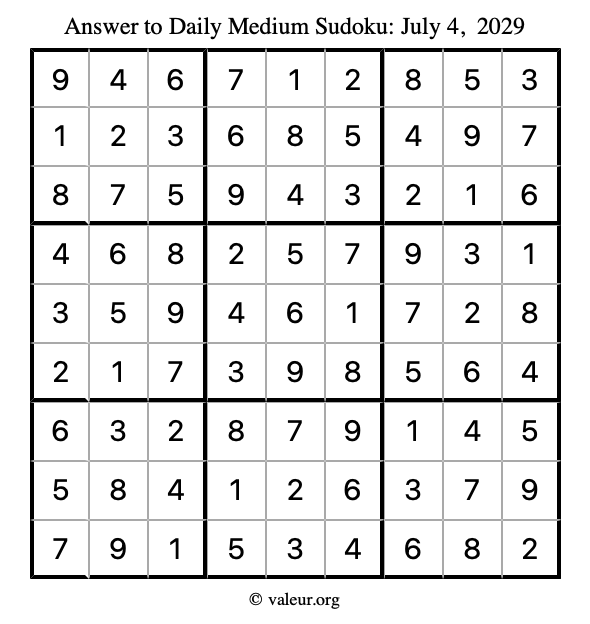Answer to medium sudoku July 4, 2029