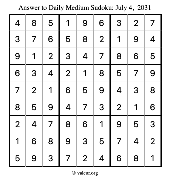 Answer to medium sudoku July 4, 2031