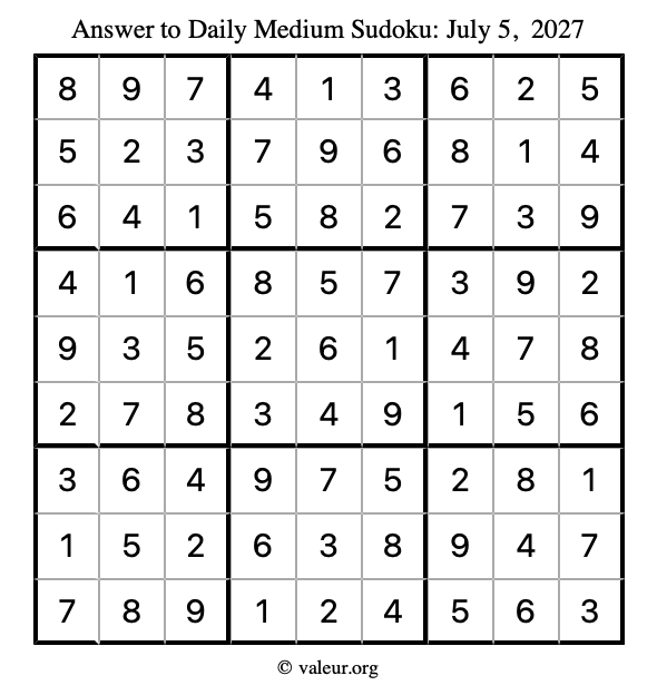 Answer to medium sudoku July 5, 2027