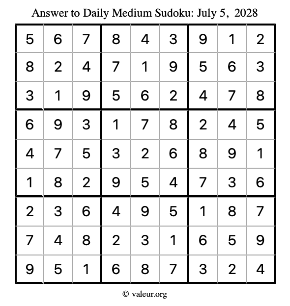 Answer to medium sudoku July 5, 2028