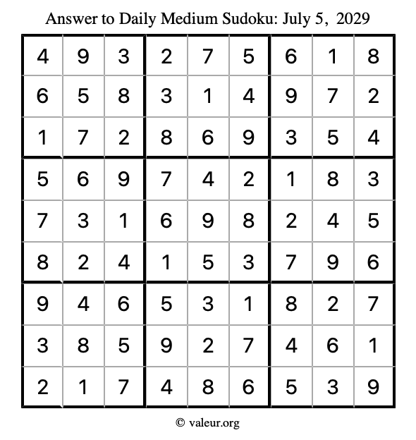 Answer to medium sudoku July 5, 2029