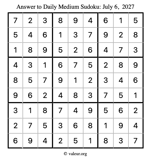 Answer to medium sudoku July 6, 2027