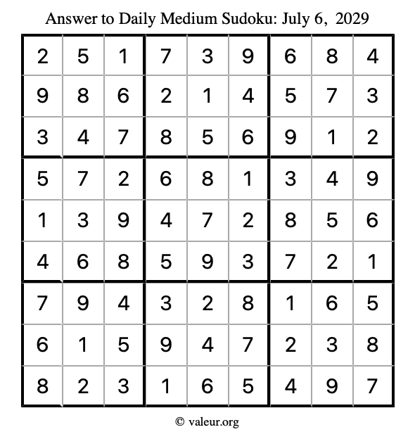 Answer to medium sudoku July 6, 2029