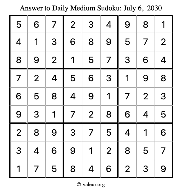 Answer to medium sudoku July 6, 2030