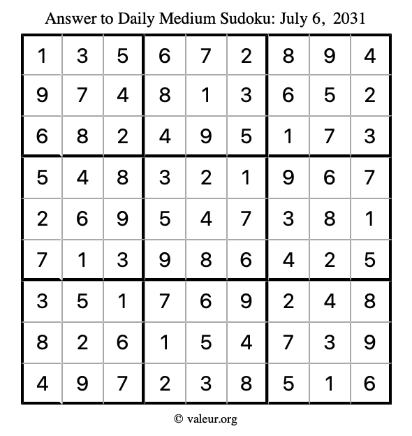 Answer to medium sudoku July 6, 2031