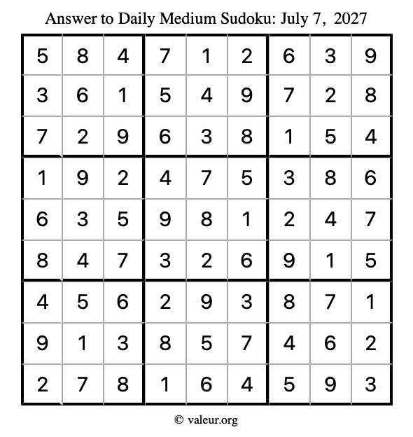 Answer to medium sudoku July 7, 2027