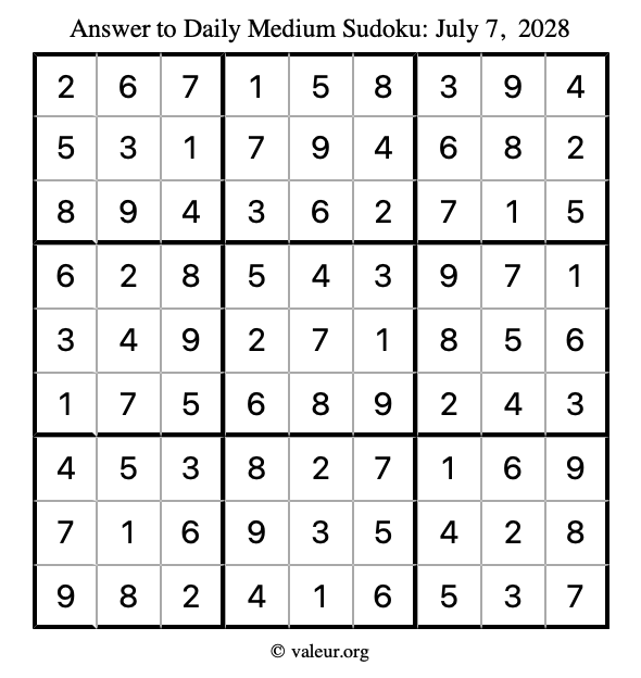 Answer to medium sudoku July 7, 2028