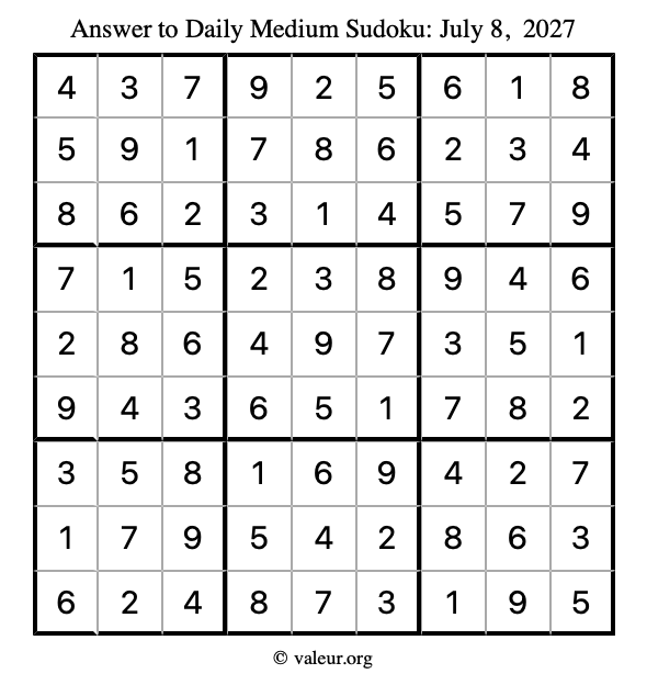 Answer to medium sudoku July 8, 2027