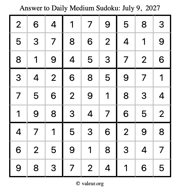 Answer to medium sudoku July 9, 2027