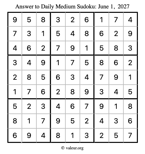 Answer to medium sudoku June 1, 2027