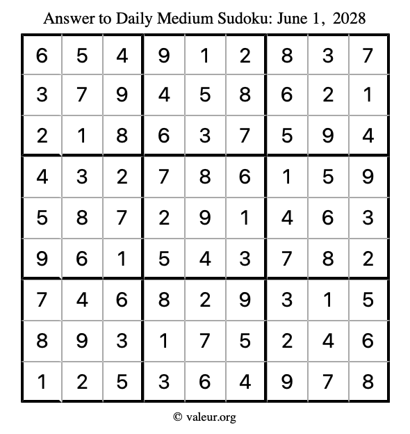 Answer to medium sudoku June 1, 2028